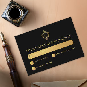 Cartão RSVP Cristais Pretos Falso Ouro Monograma Elegante de C