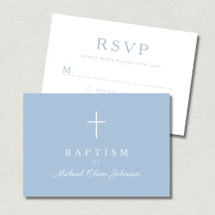 Cartão RSVP Crucifixo Religioso Azul Bebê Menino Batismo 