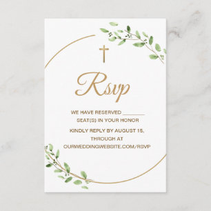 Cartão RSVP Cruz Elegante Dourada com Folhagens Casamento Cris