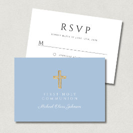 Cartão RSVP Cruz Religiosa Azul Elegante Menino Primeira Comun