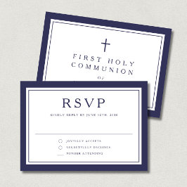 Cartão RSVP Cruz Religiosa Azul Marinho Menino Primeira Comunh