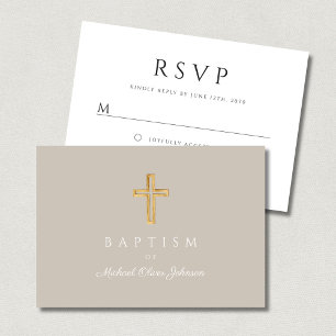 Cartão RSVP Cruz Religiosa Elegante Bege Batismo