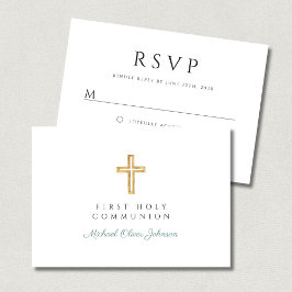 Cartão RSVP Cruz Religiosa Roteiro Verde Menino Primeira Comun