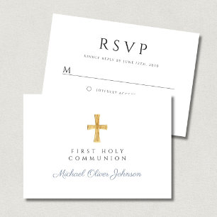 Cartão RSVP Cruzeiro Religioso Azul Poeira Menino Primeira Com