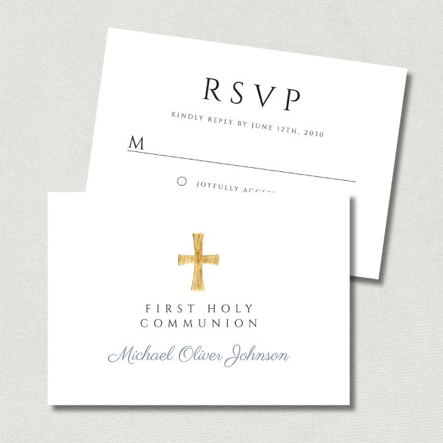 Cartão RSVP Cruzeiro Religioso Azul Poeira Menino Primeira Com (Dusty Blue Religious Cross Boy First Communion RSVP Card)