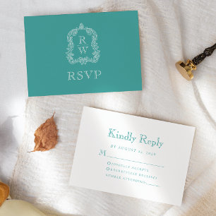Cartão RSVP Cume de Monograma Casamento Turquesa