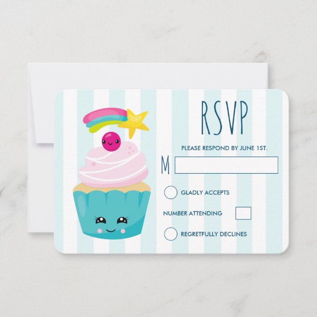 Cartão RSVP Cupcake azul bonito com a cara de Kawaii no aniver (Frente)