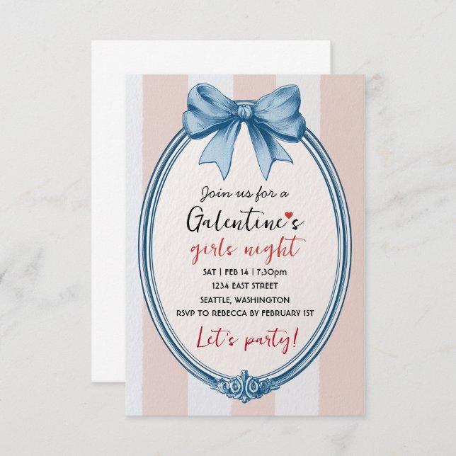 Cartão RSVP Custom Blue Bow Galentines Party Invitation (Frente/Verso)