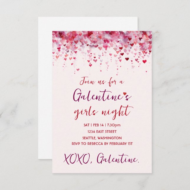Cartão RSVP Custom Galentines Pink Hearts Party Invitation (Frente/Verso)