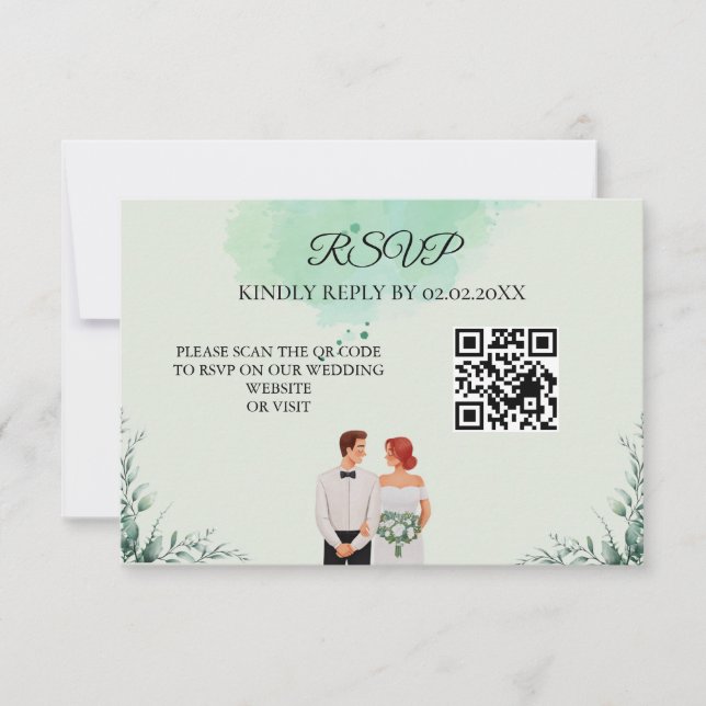 Cartão RSVP Custom green watercolor flowy wedding (Frente)