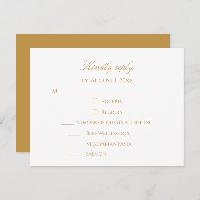 Cartão RSVP Custom Modern Elegant Script Gold & White Wedding (Frente/Verso)