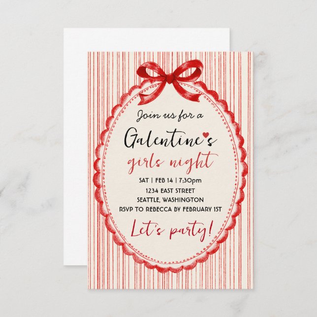 Cartão RSVP Custom Red Bow Galentines Party Invitation (Frente/Verso)