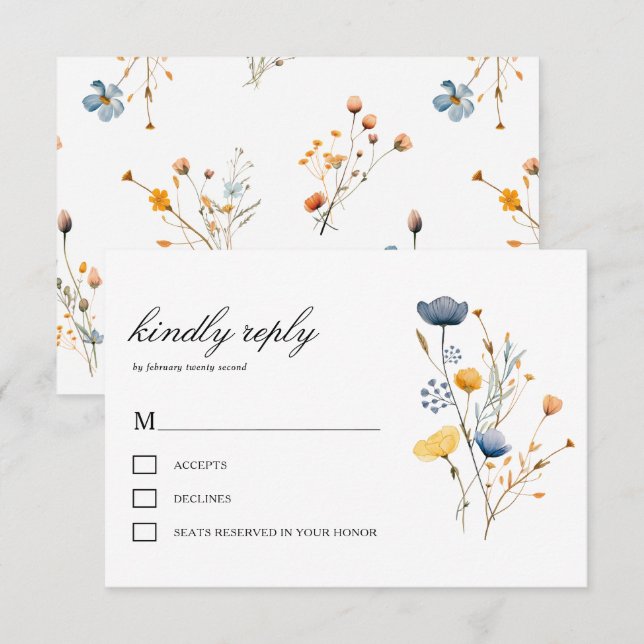 Cartão RSVP Daîd Wild Flower Florals Rustic Boho Wedding (Frente/Verso)
