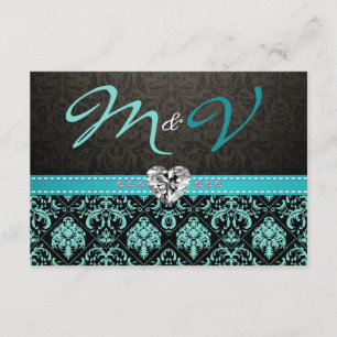 Cartão RSVP Damasco azul e preto do Aqua elegante com