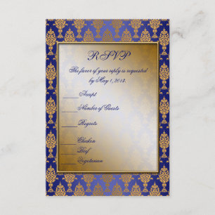 Cartão RSVP Damasco Dourado no Royal Blue Shine