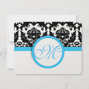 Cartão RSVP Damasco Negro Com Casamento Azul De Aqua Brilhante