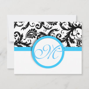 Cartão RSVP Damasco Negro Com Casamento Azul De Aqua Brilhante