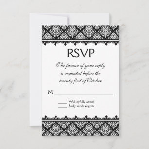Cartão RSVP Damasco preto e branco 1