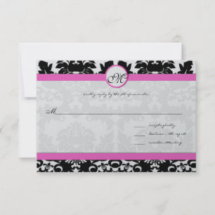 Cartão RSVP Damasco rosa e preto no casamento metálico pratead