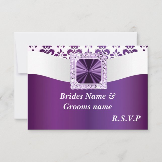 Cartão RSVP Damasco roxo e branco (Frente)