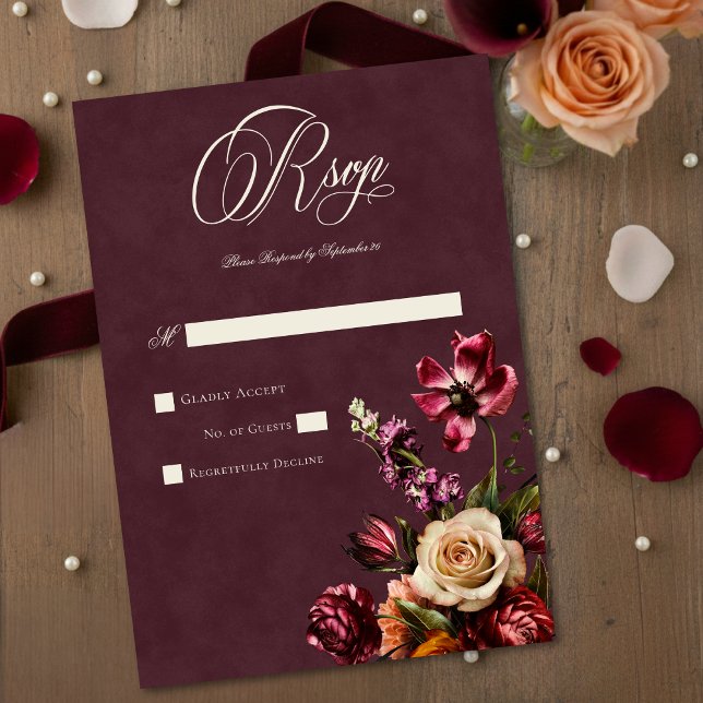 Cartão RSVP Dark Elegant Autumn Floral Burgundy Wedding (Criador carregado)