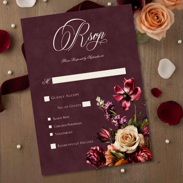 Cartão RSVP Dark Elegant Autumn Floral Burgundy Wedding Dinner (Criador carregado)