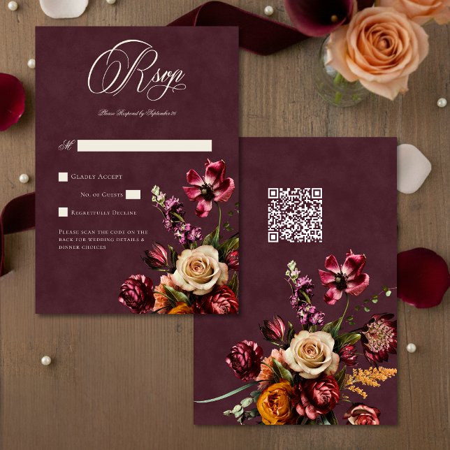 Cartão RSVP Dark Elegant Autumn Floral Burgundy Wedding QR (Criador carregado)