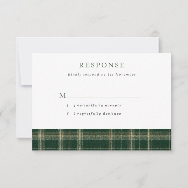Cartão RSVP Dark Green Tartan Wedding (Frente)