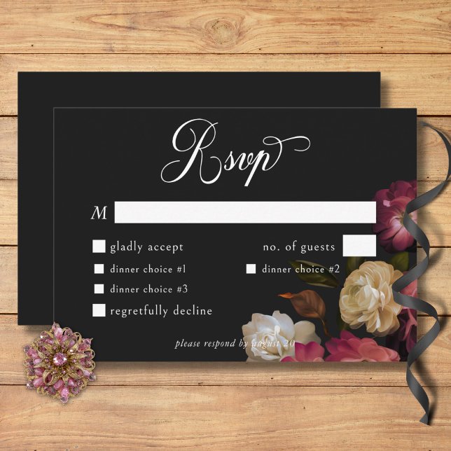 Cartão RSVP Dark Moody Burgundy e Cream Peonies Janto Negro (Dark Moody Burgundy & Cream Peonies Black Dinner RSVP Card)