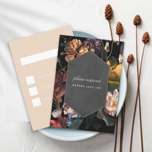 Cartão RSVP Dark Moody Floral Neerlandês Romântico (Criador carregado)