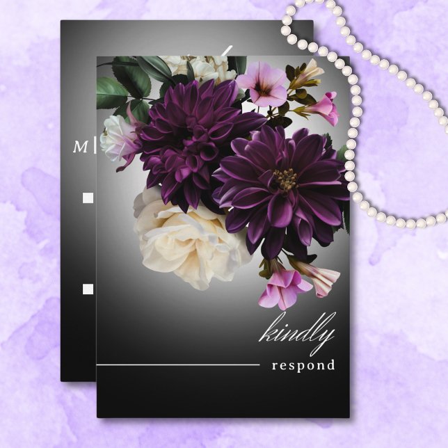 Cartão RSVP Dark Moody Midnight Purple Floral Romance Código Q (Dark Moody Midnight Purple Floral Romance QR Code RSVP Card)