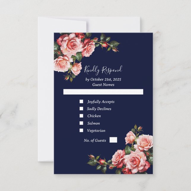 Cartão RSVP Dark moody pink and red roses navy blue wedding (Frente)