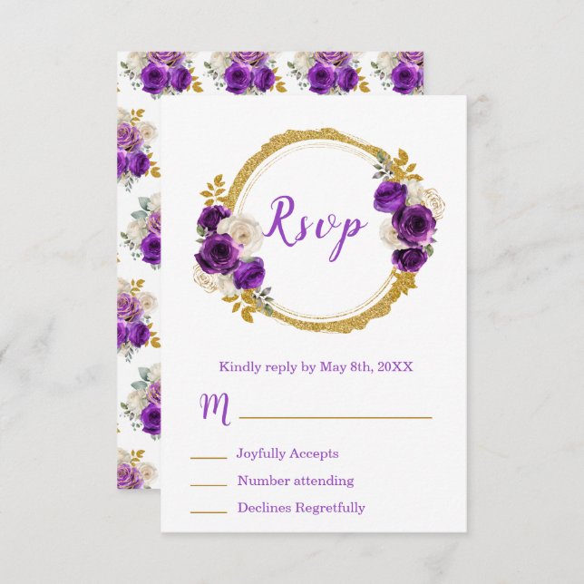 Cartão RSVP Dark Purple and Gold Elegant Flower Sweet Sixteen (Frente/Verso)