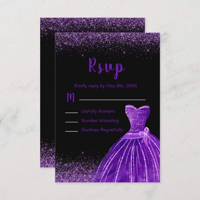 Cartão RSVP Dark Purple Dress Faux Glitter Sweet 16 Birthday (Frente/Verso)