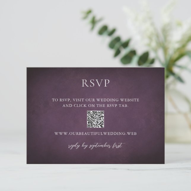 Cartão RSVP Dark Purple Fine Art Floral Elegant Wedding (Em pé/Frente)