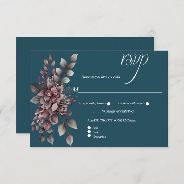 Cartão RSVP Dark Teal, Dusty Purple, Lavender, Sage Floral |  (Frente/Verso)