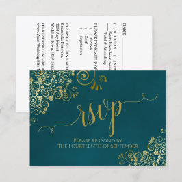Cartão RSVP Dark Teal & Gold Elegant Lacy Calligraphy Wedding