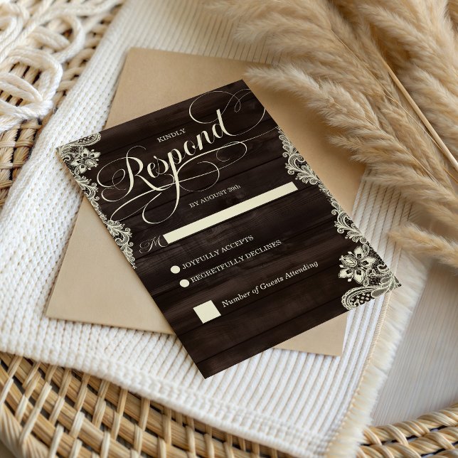 Cartão RSVP Dark Wood and Lace Rustic Wedding Response Card (Dark Wood and Lace Rustic Wedding Response Card)