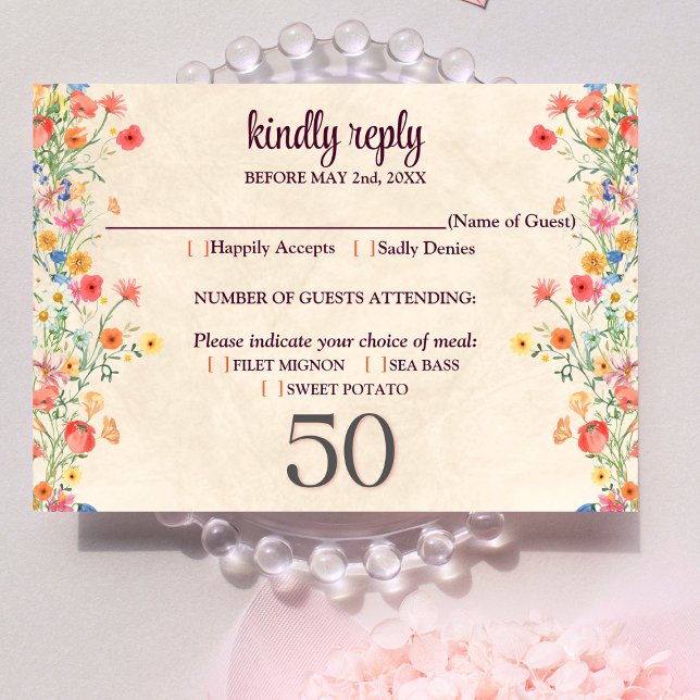 Cartão RSVP de 50 anos floral elegante 50 flores (Criador carregado)