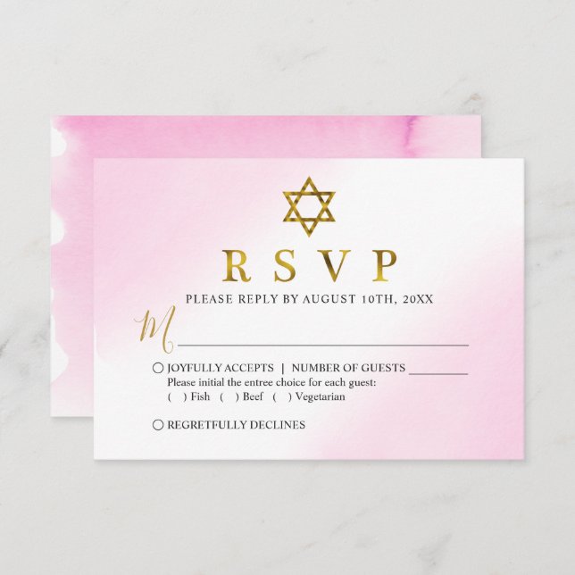 Cartão RSVP de Bat Mitzvah Dourado Pink Pastel Wat (Frente/Verso)
