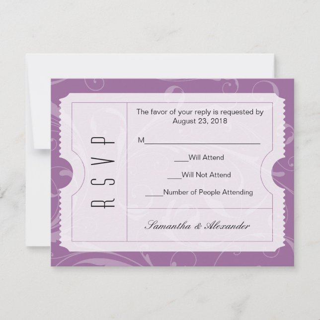Cartão RSVP de Bilhete de Casamento Roxo (Frente)