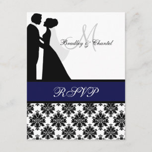 Cartão RSVP de Casal de Casamento Azul Preto e Mar