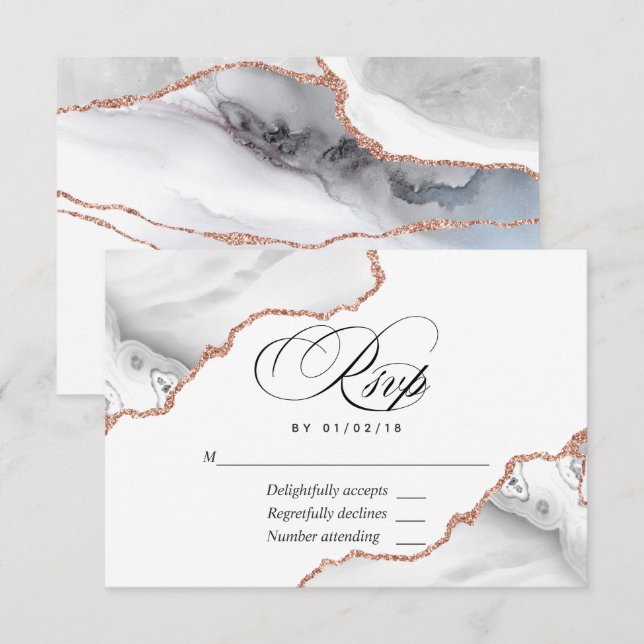 Cartão RSVP de Casamento Agata de Branco e Rosa Do (Frente/Verso)