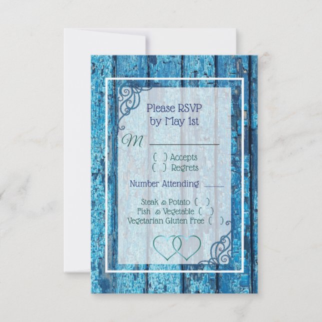 Cartão RSVP de Casamento Antiquado de Madeira Azul (Frente)