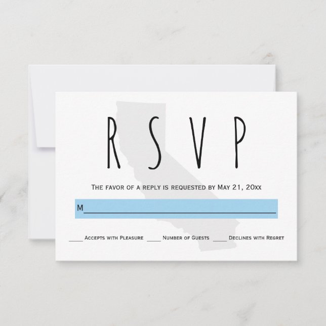 Cartão RSVP de casamento azul da Typografia Califo (Frente)