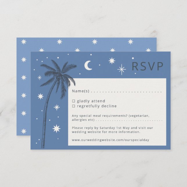 Cartão RSVP de Casamento Azul de Boho Palm Primave (Frente/Verso)