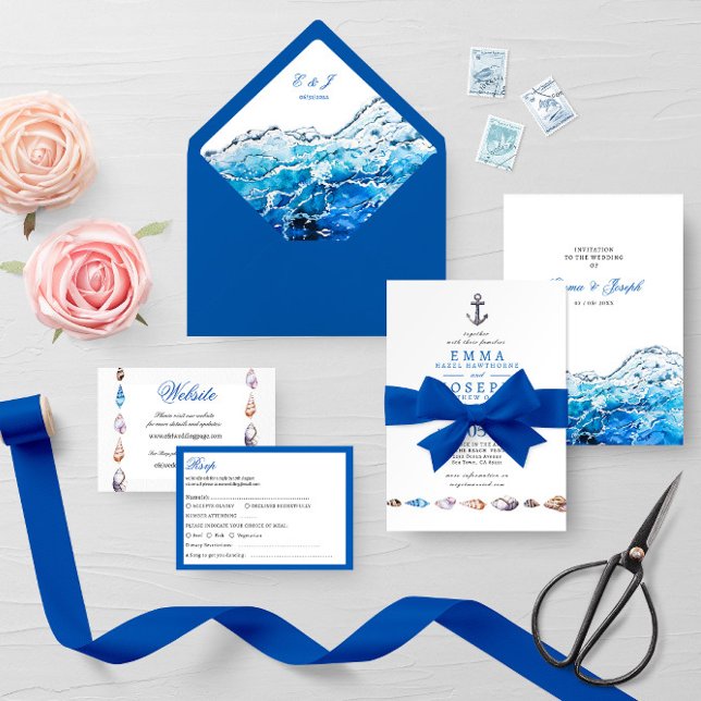 Cartão Rsvp De Casamento Azul De Praia No Oceano N (Criador carregado)