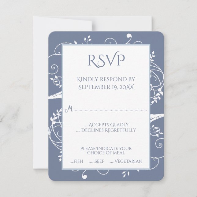 Cartão RSVP de Casamento Azul Dusty Flourish (Frente)