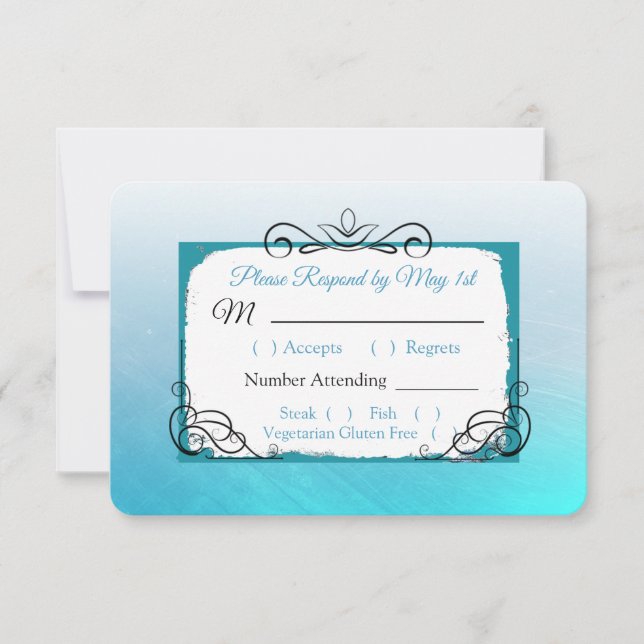 Cartão RSVP de Casamento Azul e Negro (Frente)