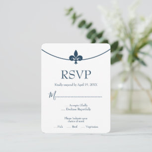 Cartão RSVP de Casamento Azul Escuro Fleur de Lis